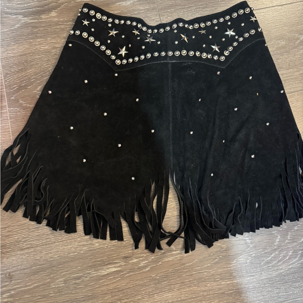 Fringe Skirt with Star and Stud Details - chap skirt